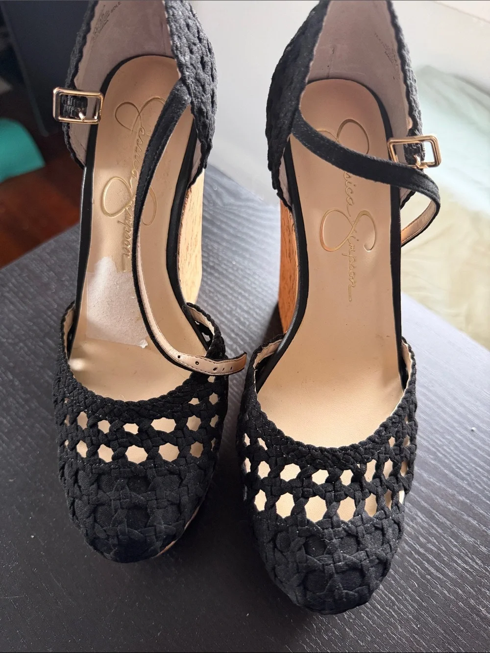 Jessica Simpson Black Woven Platform Wedges with Ankle Strap